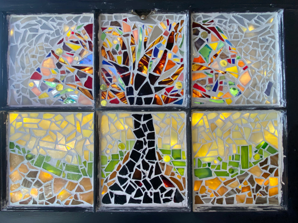tree of life mosaic, glass on glass, reclaimed window, upcycle, trash to treasure, grout